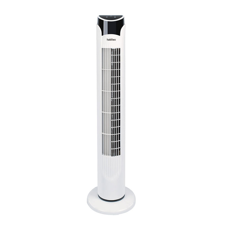 Ventilador de torre HABITEX VT60 color blanco con diseño vertical estilizado y base circular estable.