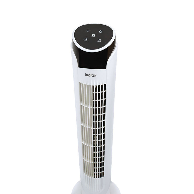 Detalle del panel de control superior táctil del ventilador HABITEX VT60 con iconos de funciones y display.
