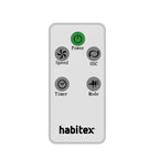 Mando a distancia ergonómico para ventilador HABITEX con botones de encendido, velocidad, oscilación y temporizador.