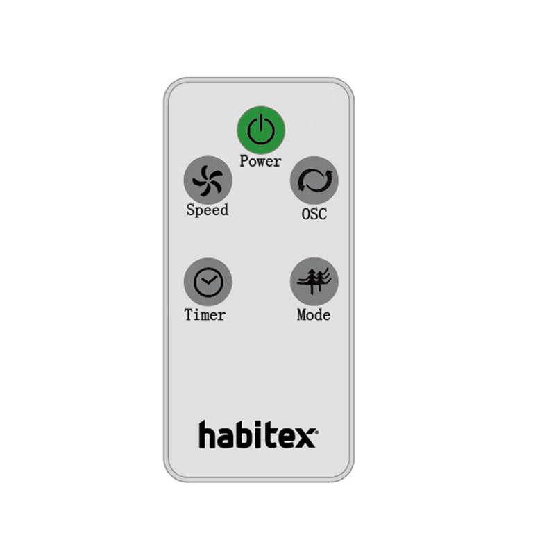 Mando a distancia ergonómico para ventilador HABITEX con botones de encendido, velocidad, oscilación y temporizador.