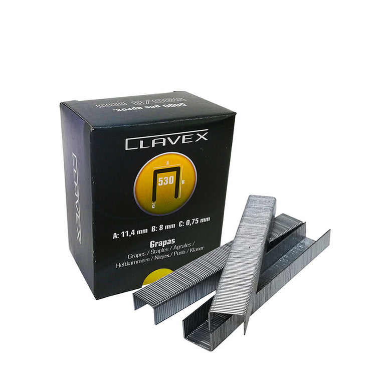 Caja de 5000 grapas Clavex serie 530 de acero galvanizado y tiras de grapas metálicas para clavadora.