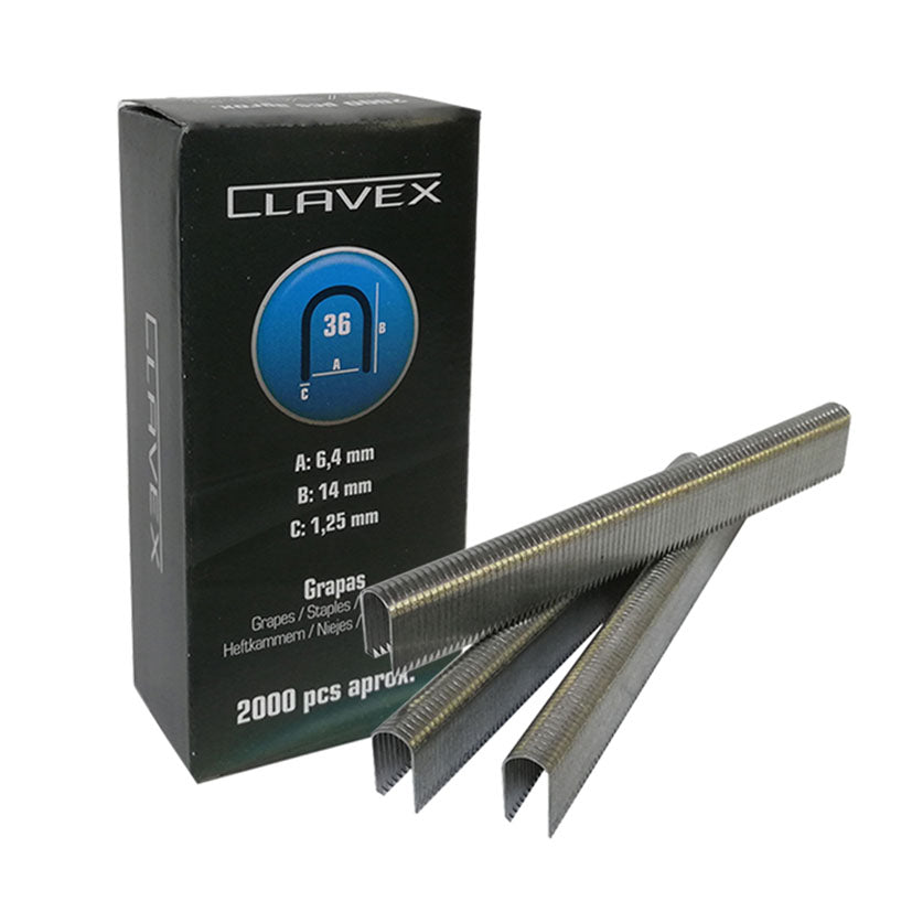 Caja de 2000 grapas Clavex Serie 36 para cables y tiras de grapas de acero galvanizado con punta divergente.