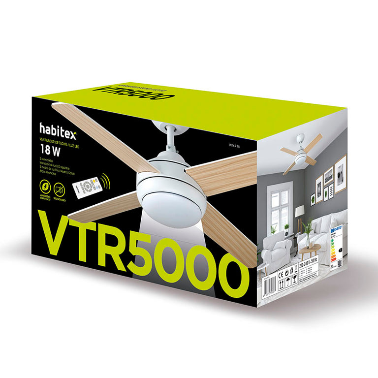 Embalaje comercial del ventilador Habitex VTR-5000 destacando motor DC y eficiencia energética.