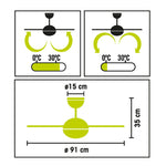 Esquema técnico de medidas del ventilador Habitex VTR-5000: 91 cm de diámetro y 35 cm de altura.