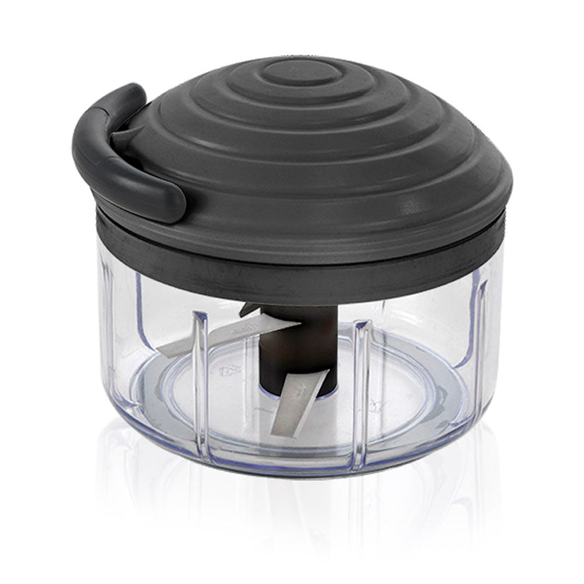 Picadora manual Metaltex RotoMac All Black con cuchillas de acero inoxidable y contenedor transparente.