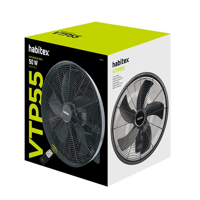Caja del producto ventilador de pared Habitex VTP-55 con especificaciones técnicas destacadas.