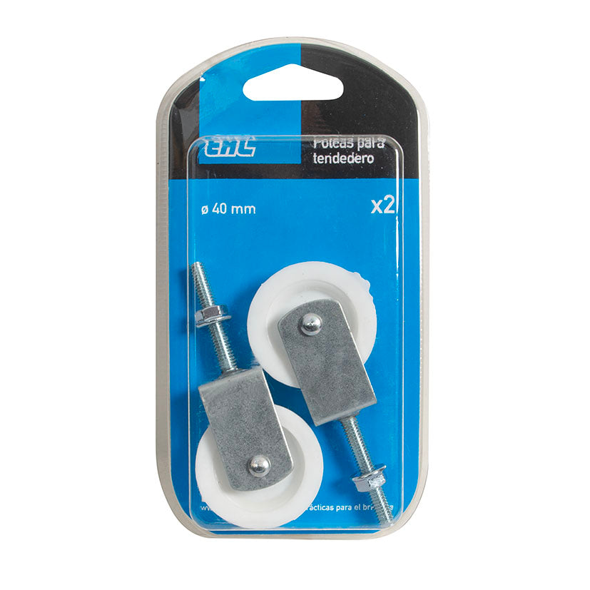 Blíster de 2 unidades de poleas EHL para tendedero con rueda blanca de nilón 40mm.