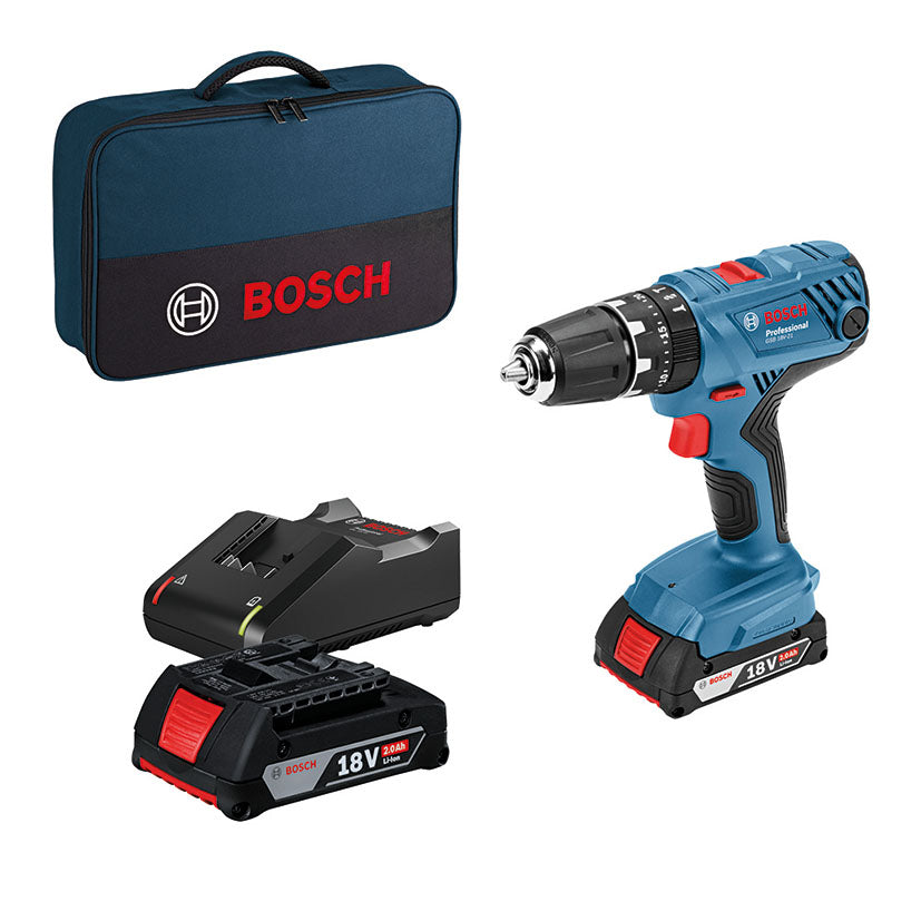 Kit taladro percutor Bosch GSB 18V-21 Professional con dos baterías de 18V 2.0Ah, cargador y bolsa de transporte azul.