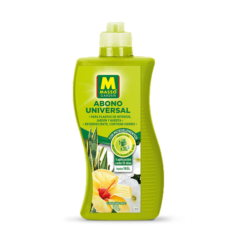 Bote de abono líquido universal Massó Garden de 1 litro con fórmula reverdeciente y antical para plantas