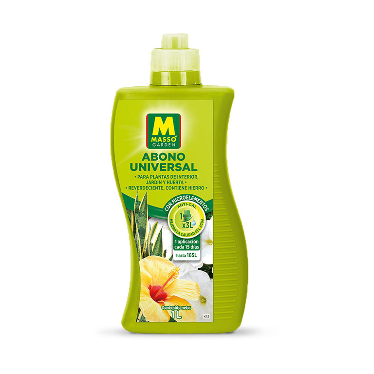 Bote de abono líquido universal Massó Garden de 1 litro con fórmula reverdeciente y antical para plantas