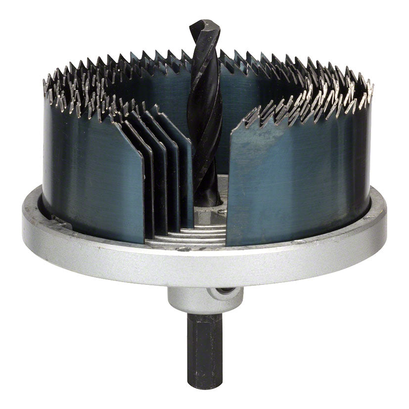 Set de 5 sierras de corona Bosch para madera con diámetros de 60 a 92 mm y broca guía central sobre base de aluminio.