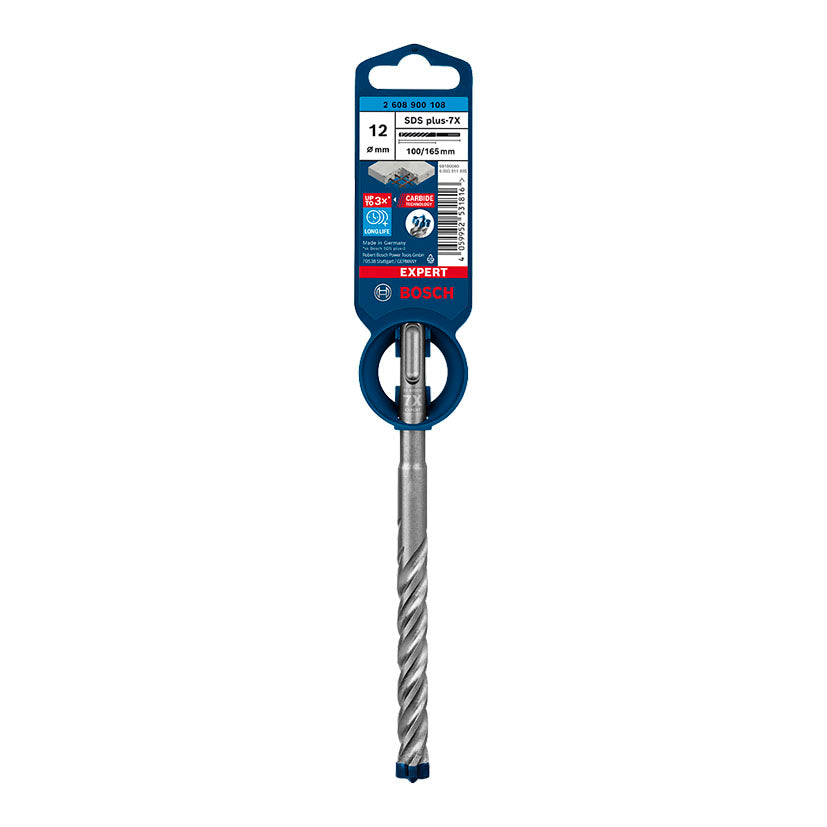 Broca Bosch Expert SDS plus-7X de 12mm x 165mm con punta de carburo de 4 aristas de corte.