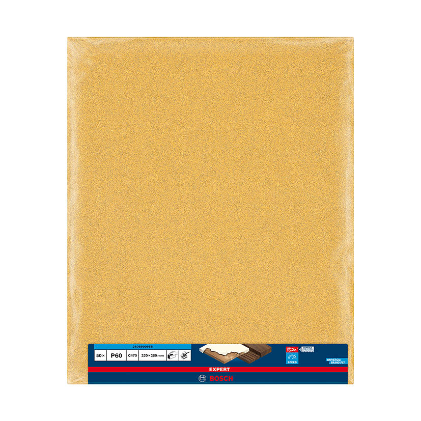 Papel de lija Bosch Expert C470 grano P60 pack 50 unidades 230x280mm para madera y pintura