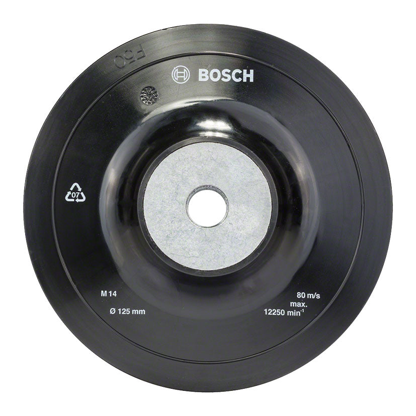 Plato de soporte blando Bosch 125mm M14 para amoladora angular vista frontal con especificaciones técnicas