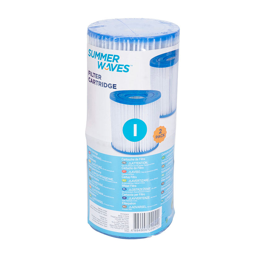 Pack de dos cartuchos de filtro tipo I Summer Waves para mantenimiento de agua de piscinas.