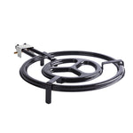 Vista lateral de quemador de gas para paellas con dos aros concéntricos y soportes integrados.
