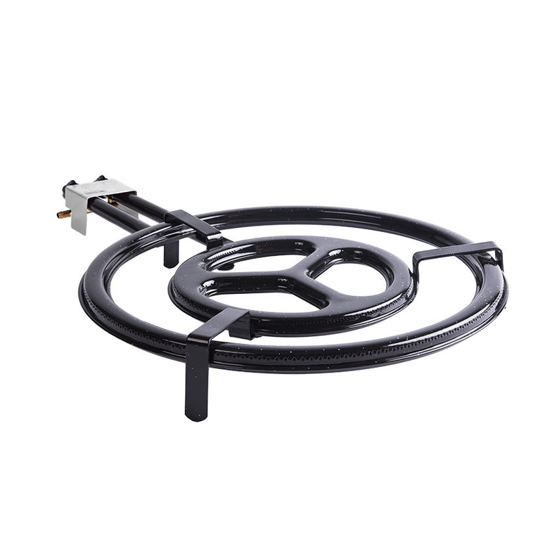Vista lateral de quemador de gas para paellas con dos aros concéntricos y soportes integrados.