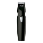 Vista frontal del recortador de barba WAHL negro con diseño ergonómico y cuchillas de carbono de alta precisión.