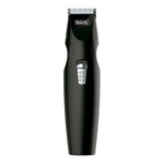 Vista frontal del recortador de barba WAHL negro con diseño ergonómico y cuchillas de carbono de alta precisión.