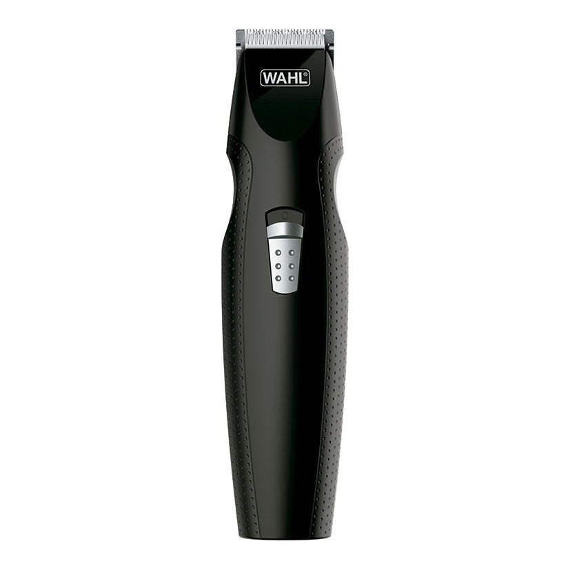 Vista frontal del recortador de barba WAHL negro con diseño ergonómico y cuchillas de carbono de alta precisión.