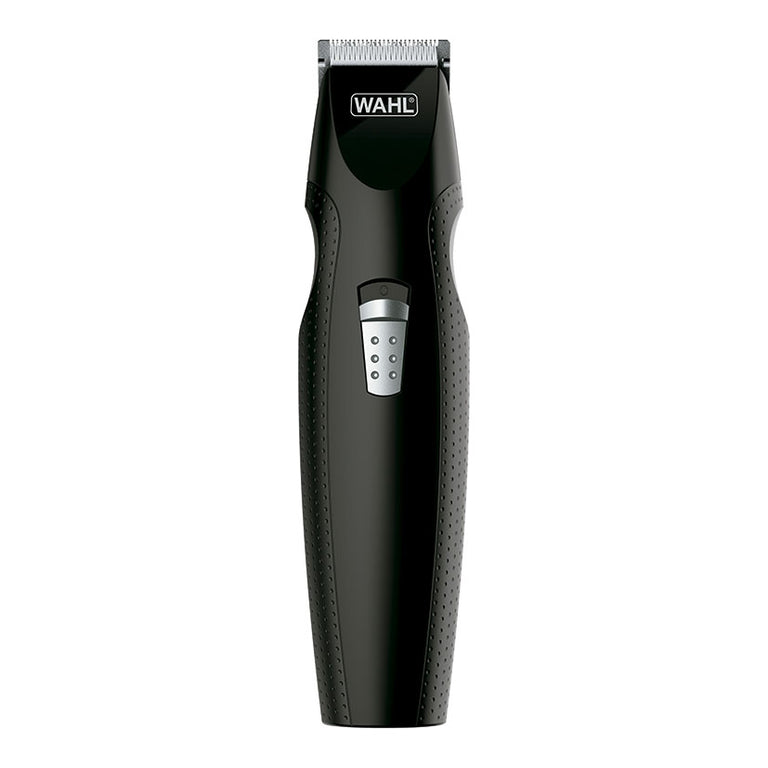 Vista frontal del recortador de barba WAHL negro con diseño ergonómico y cuchillas de carbono de alta precisión.