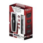 Caja del kit WAHL Mustache & Beard Battery Trimmer mostrando accesorios incluidos y garantía de 2 años.