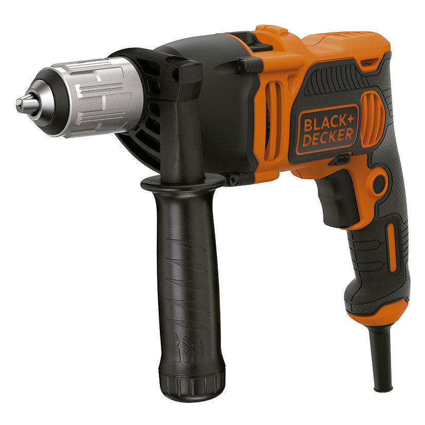 Taladro percutor Black+Decker 850W BEH850K-QS con portabrocas automático y empuñadura lateral negra.
