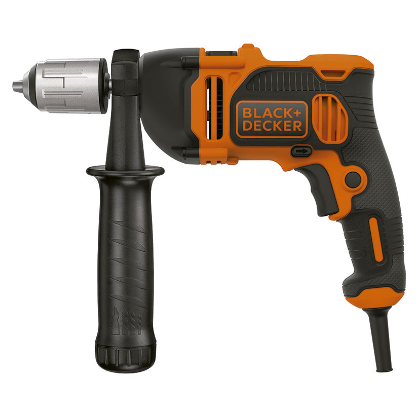 Vista lateral del taladro Black+Decker naranja y negro mostrando el gatillo de velocidad variable y diseño ergonómico.