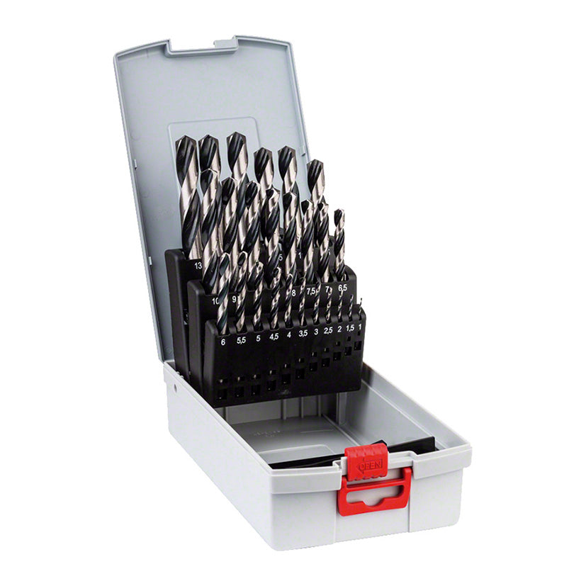 Estuche ProBox gris abierto con 25 brocas helicoidales Bosch HSS PointTeQ para metal de 1 a 13 mm.