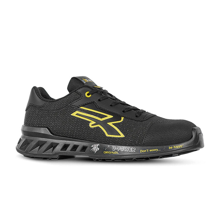Zapato de seguridad U-Power Frank negro y amarillo perfil lateral con suela técnica