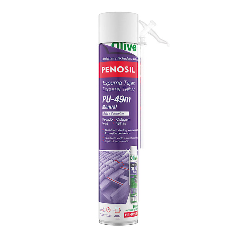 Espuma de poliuretano PENOSIL PU-49 manual para tejas color rojo 750ml con cánula de aplicación.