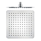 Rociador de ducha cromado ORFESA 25x25 cm vista frontal y lateral con conexión 1/2 pulgada