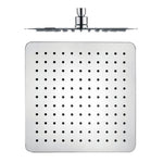 Rociador de ducha cromado ORFESA 25x25 cm vista frontal y lateral con conexión 1/2 pulgada