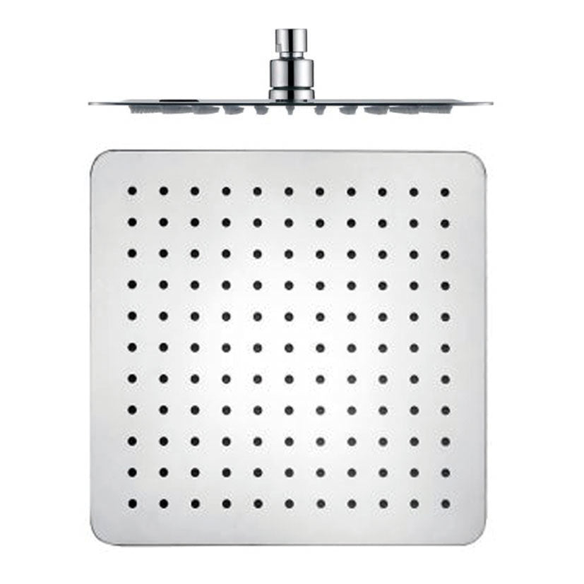 Rociador de ducha cromado ORFESA 25x25 cm vista frontal y lateral con conexión 1/2 pulgada
