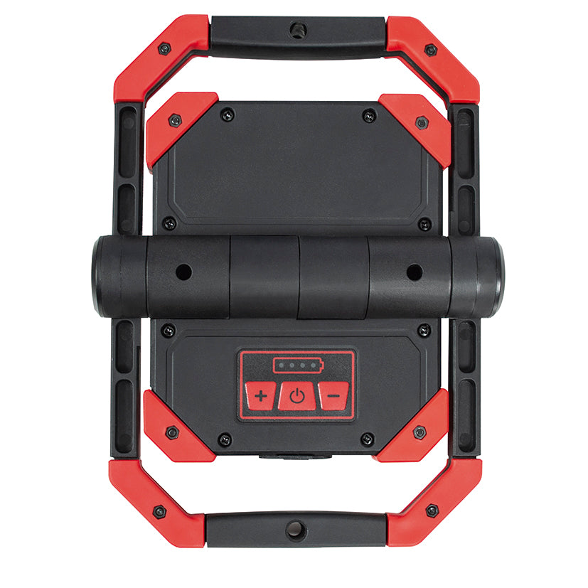 Vista trasera del proyector RATIO XF-01 con panel de control, indicador de batería y botones de intensidad.