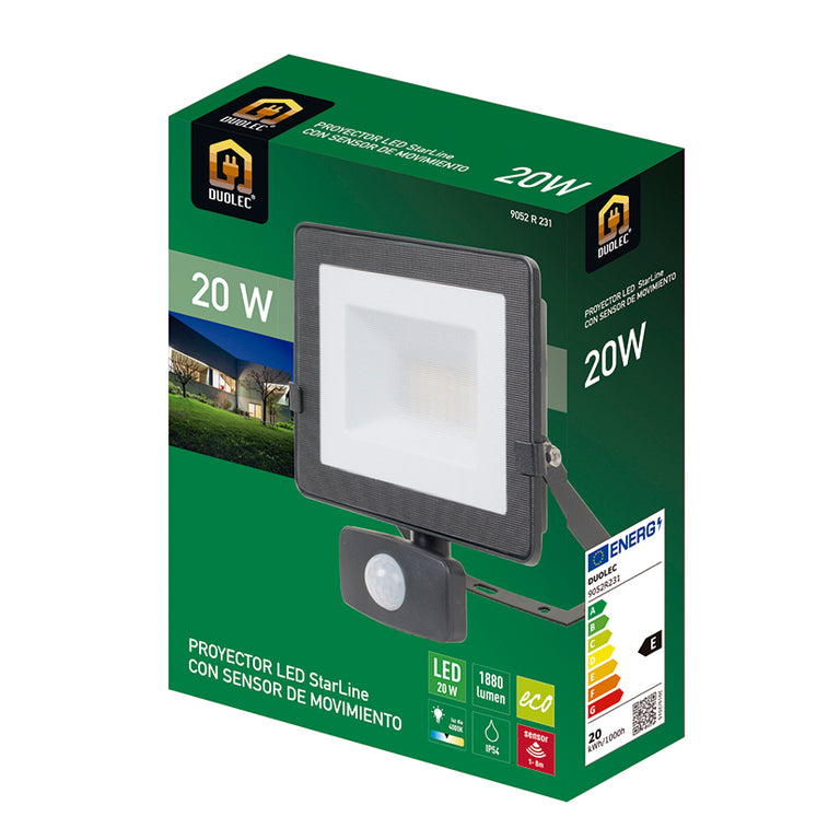 Embalaje comercial del proyector LED DUOLEC 20W con datos técnicos y eficiencia energética