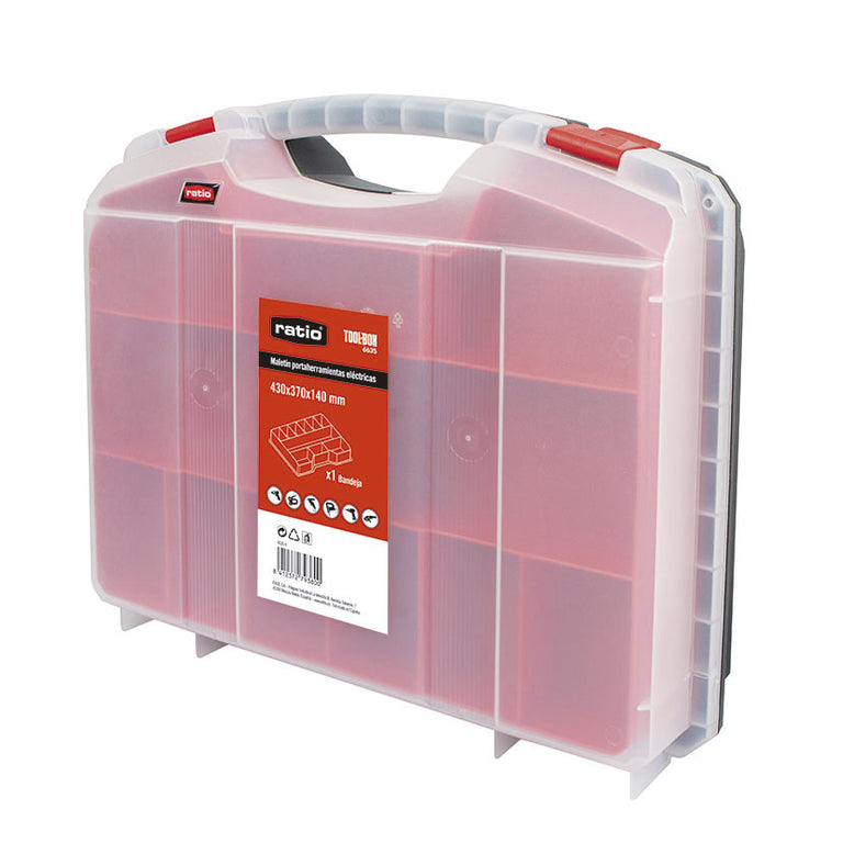Estuche porta-taladro RATIO 6635 cerrado fabricado en poliestireno de alto impacto con asa y cierres rojos