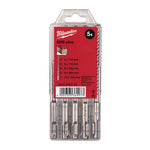 Set de brocas Milwaukee SDS-Plus M2 en contenedor de plástico transparente con especificaciones técnicas visibles.