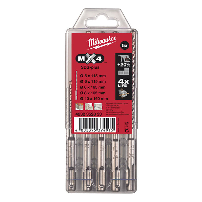 Set de 5 brocas Milwaukee SDS-Plus MX4 en estuche transparente con medidas de 5mm a 10mm