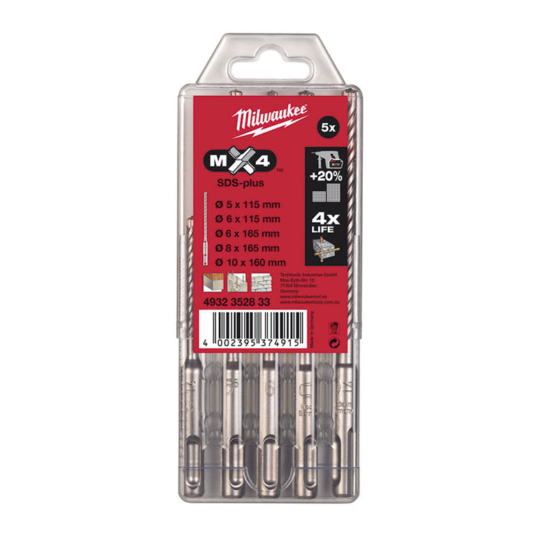 Detalle del empaque Milwaukee MX4 SDS-Plus destacando tecnología de 4 cortes y resistencia a varilla