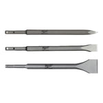 Set de 3 cinceles Milwaukee SDS-Plus: puntero, cincel plano y cincel ancho para demolición.