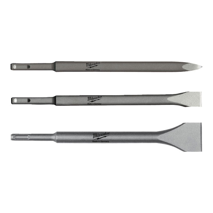 Set de 3 cinceles Milwaukee SDS-Plus: puntero, cincel plano y cincel ancho para demolición.