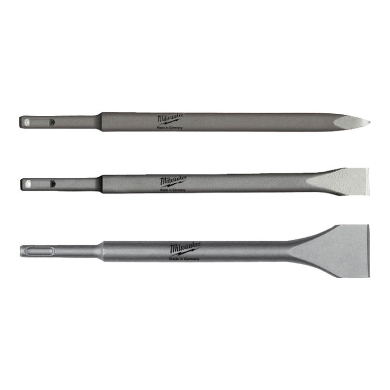 Set de 3 cinceles Milwaukee SDS-Plus: puntero, cincel plano y cincel ancho para demolición.