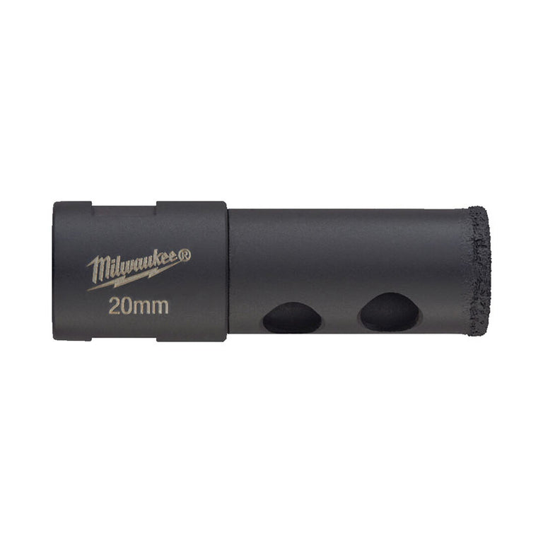 Broca de diamante Milwaukee Diamond Max de 20mm con conexión M14 y ranuras de expulsión.