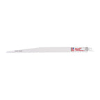 Hoja de sierra sable Milwaukee Thin Kerf blanca con dentado variable para corte rápido.