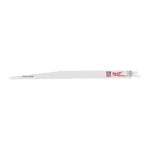 Hoja de sierra sable Milwaukee Thin Kerf blanca con dentado variable para corte rápido.