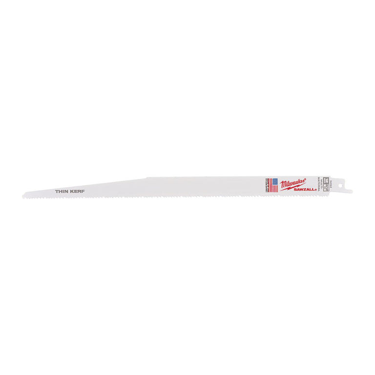 Hoja de sierra sable Milwaukee Thin Kerf blanca con dentado variable para corte rápido.