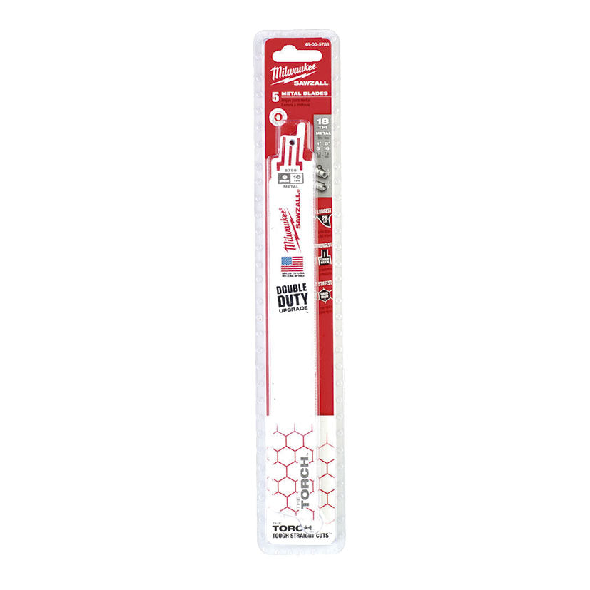 Blíster de 5 unidades de hojas de sierra sable Milwaukee The Torch 48-00-5788 para uso profesional.