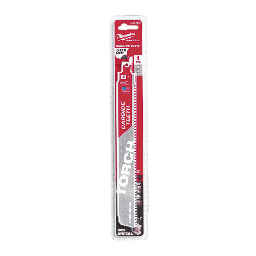 Blíster de hoja de sierra sable Milwaukee 48-00-5202 The Torch Carbide de 9 pulgadas para uso profesional.
