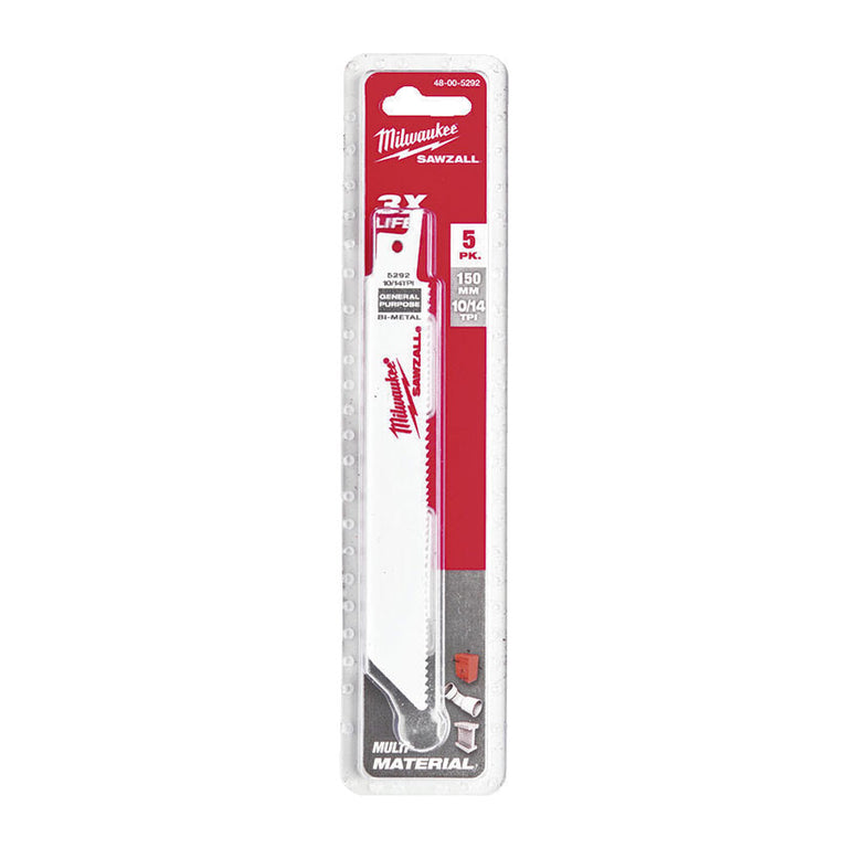 Blíster de 5 unidades hojas de sierra sable Milwaukee 150mm 10/14 TPI multi-material.